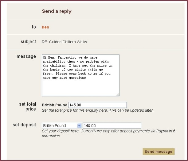 Seller replies, and can set a price and deposit for the enquiry